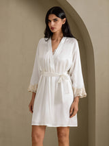 [Wit] SilkSilky-NL 3/4 Sleeve V Neck Nachthemd&Kamerjas Set 003