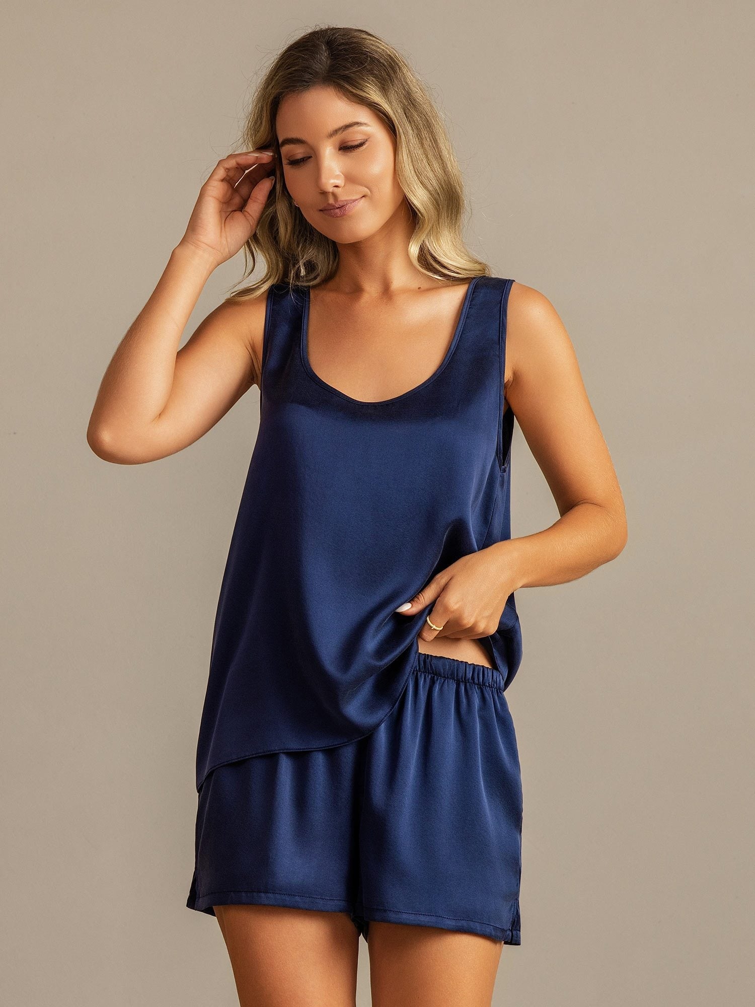 [Donkerblauw] SilkSilky-NL 19Momme Zijde Womens Pajamas 007