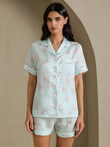 [Hemelsblauwe Bloemen] SilkSilky-NL Short Sleeve Notch Collar Dames Pyjama Set 001