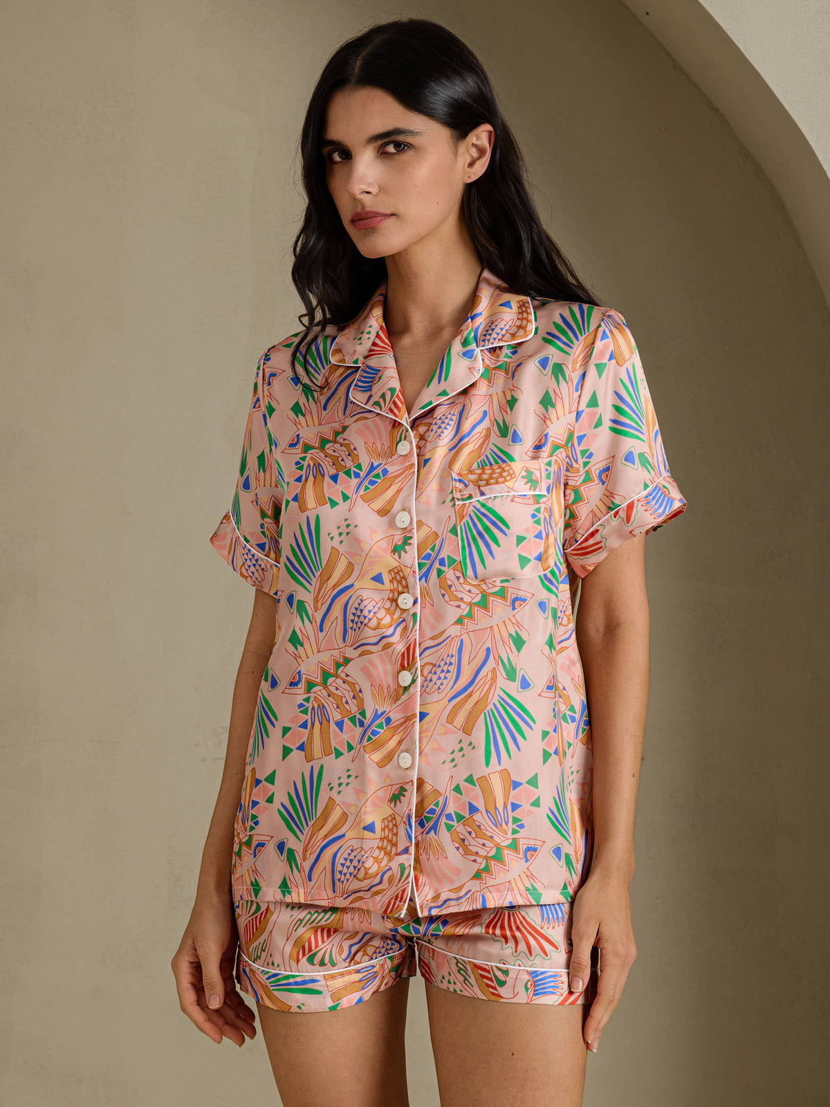 [Roze Fauna] SilkSilky-NL Short Sleeve Notch Collar Dames Pyjama Set 001