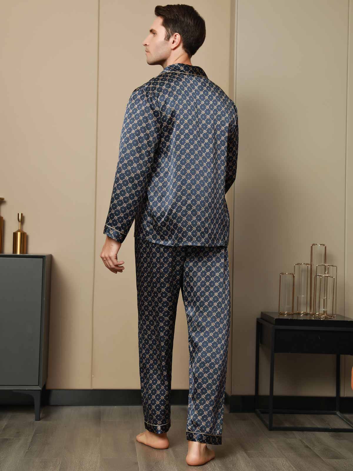 [Donkerblauw] SilkSilky-NL Pure Silk Lange Mouw Revers Heren Pyjama Set 002