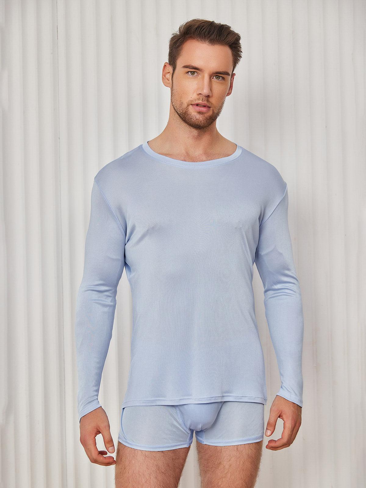 [Lichtblauw] SilkSilky-NL Zijde Gebreid Ronde Hals Heren T-Shirt 001