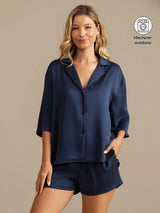 [Donkerblauw] SilkSilky-NL 19Momme Halve Mouw Notchkraag Dames Pyjama Set 001