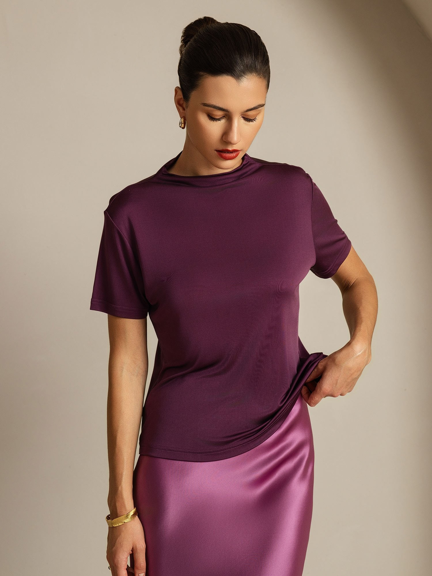 [Paars] SilkSilky-NL Zijde Kraag Dames T-Shirt 006