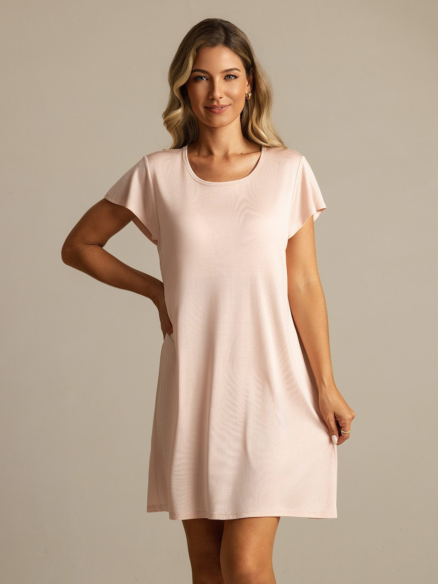 [Roze] SilkSilky-NL Zijde Ronde Hals Nachthemd 001