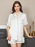 SilkSilky-NL Korte Mouw Revers Dames Pyjama Set Wit 001