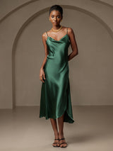 [Donkergroen] SilkSilky-NL Spaghetti Bandjes Waterval Hals Jurk 001