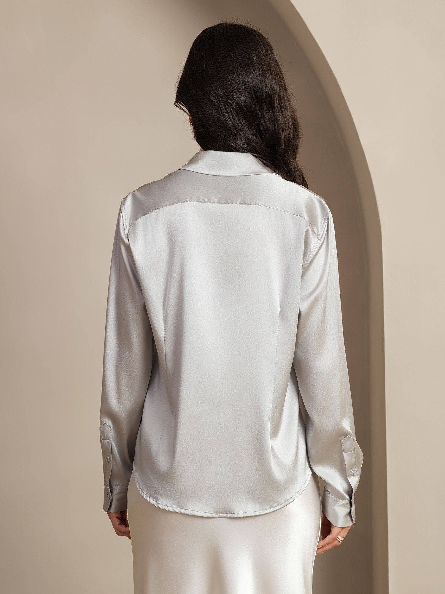 [Lichtgrijs] SilkSilky-NL Zijde Lange Mouw Kraag Dames Blouse 002