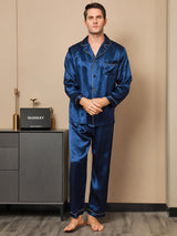 [Donkerblauw] SilkSilky-NL Lange Mouw Notchkraag Heren Pyjama Set 004
