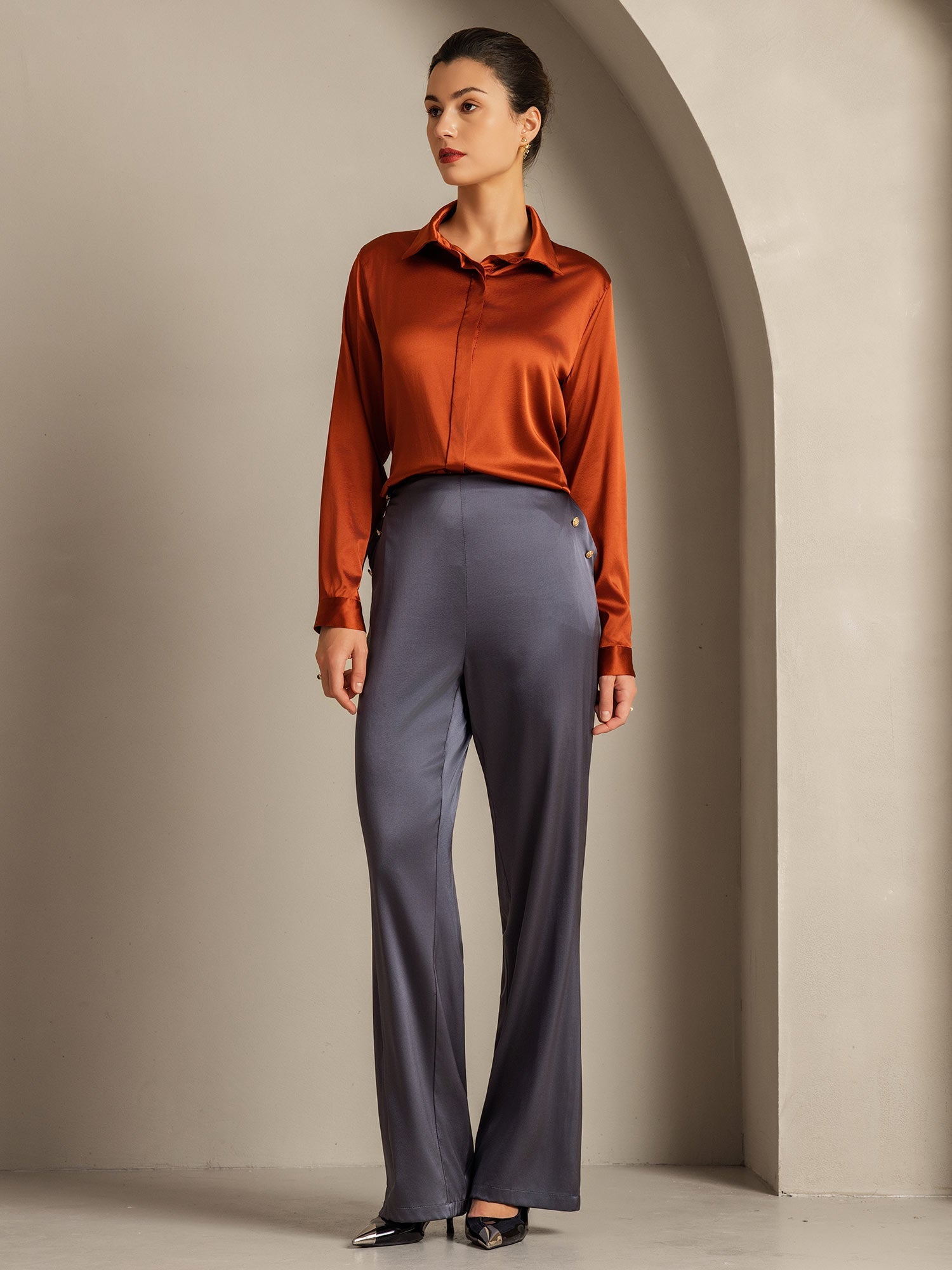[Karamel] SilkSilky-NL 19Momme Lange Mouw Reverskraag Dames Blouse 009