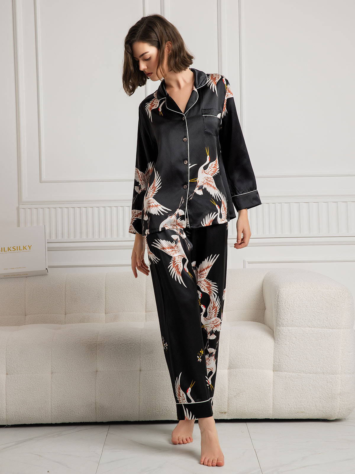 [Zwart] SilkSilky-NL 19Momme Womens Pajamas 004