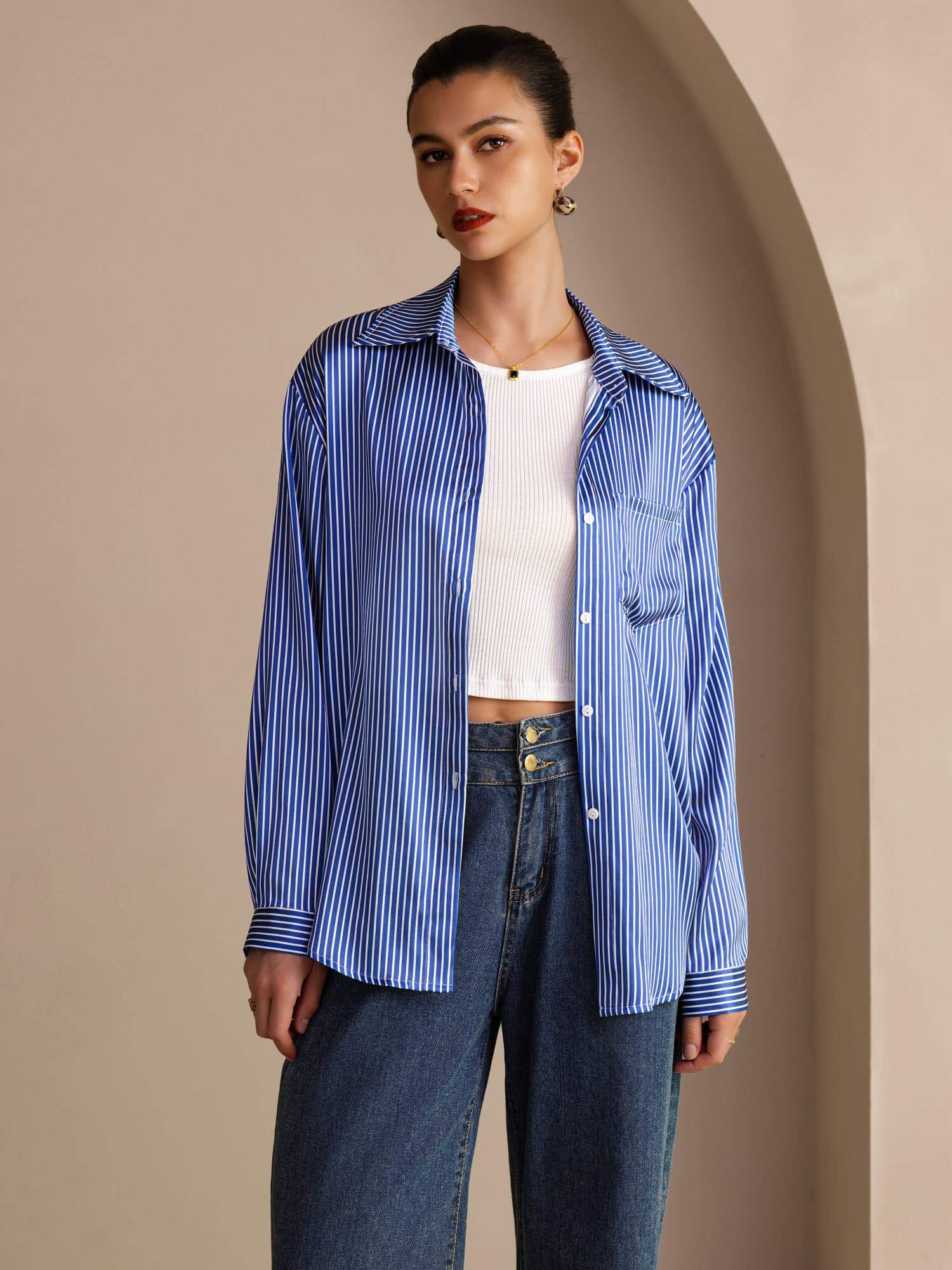 [Blauwe Krijtstreep] SilkSilky-NL Long Sleeve Lapel Collar Dames Blouse 001