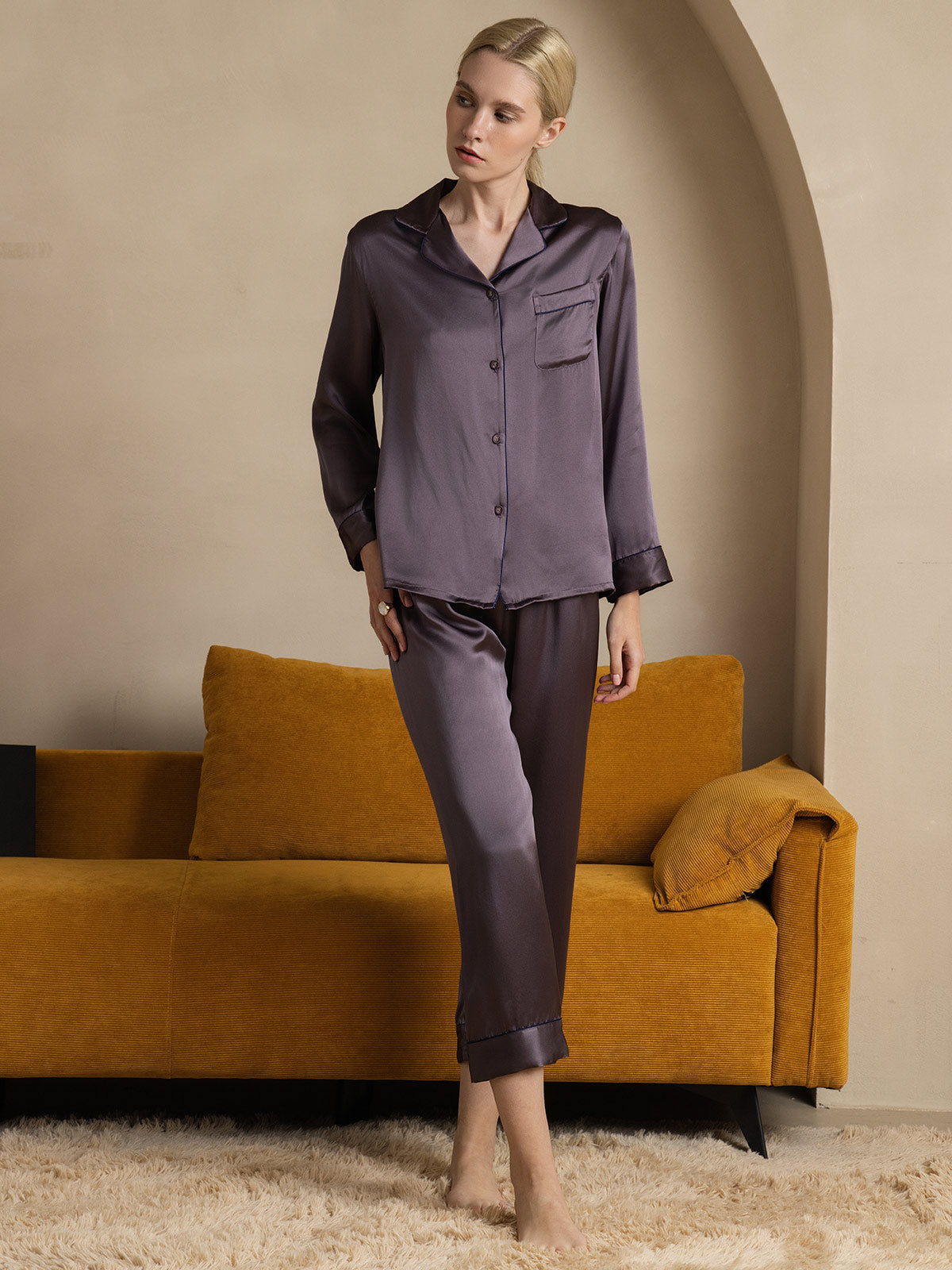 [Paars Grijs] SilkSilky-NL Pure Silk Lange Mouw Revers Dames Pyjama Set 007