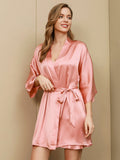 SilkSilky NL Pure Silk 3/4 Mouw Nightgown&Robe Set Roze 003