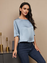 [Grijsachtig Blauw] SilkSilky-NL Halve Mouw Diepe Ronde Hals Dames T-Shirt 003