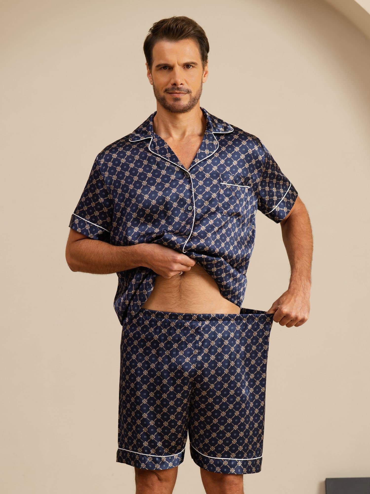 [Marine Ketting] SilkSilky-NL Korte Mouw Notchkraag Heren Pyjama Set 004