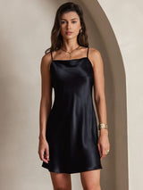 [Zwart] SilkSilky-NL Spaghetti Strap Cowl Neck Jurk 003