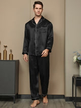 [Zwart] SilkSilky-NL Lange Mouw Notchkraag Heren Pyjama Set 006