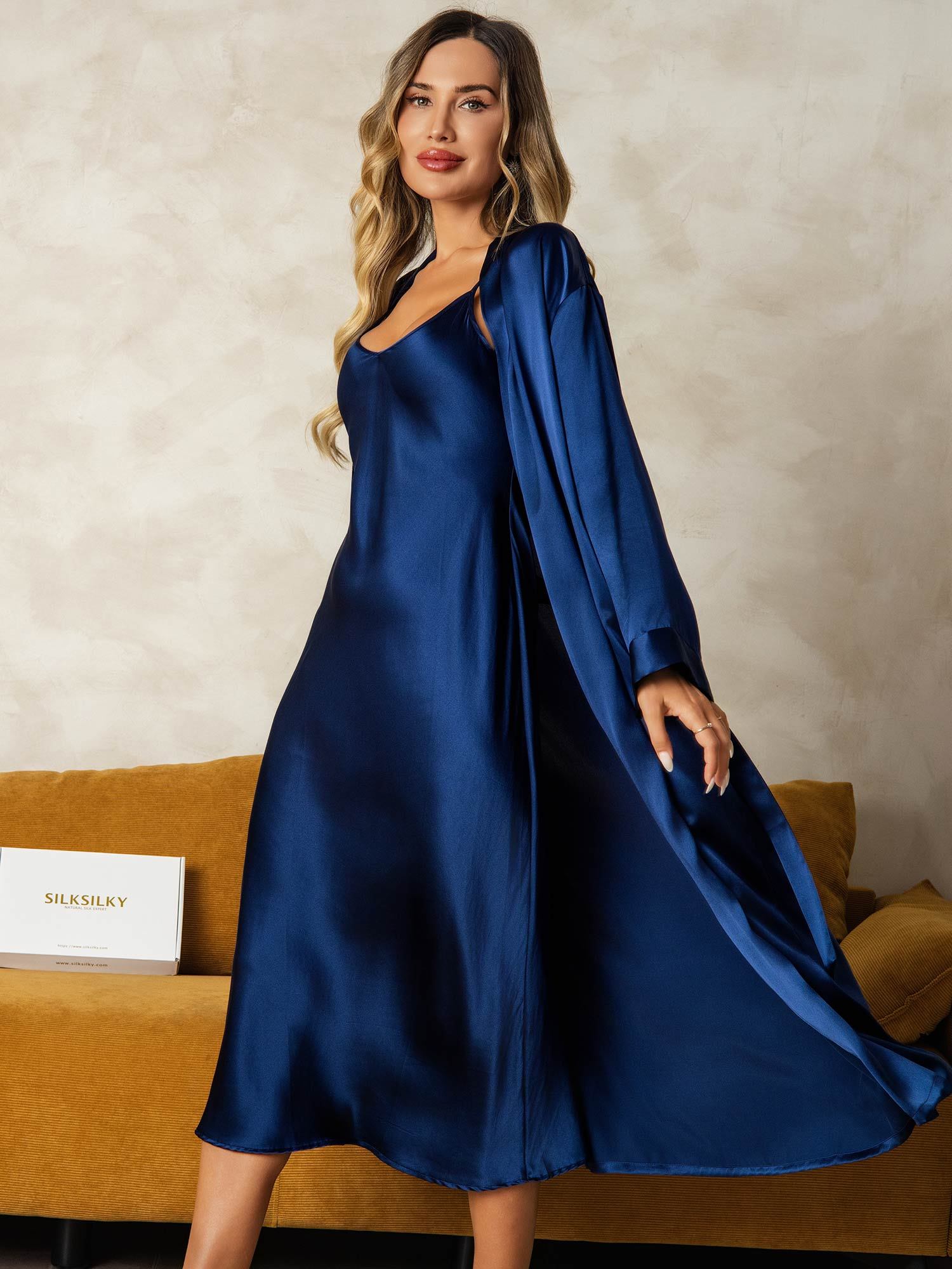 [Donkerblauw] SilkSilky-NL Zijde Nightgown&Robe Set 004