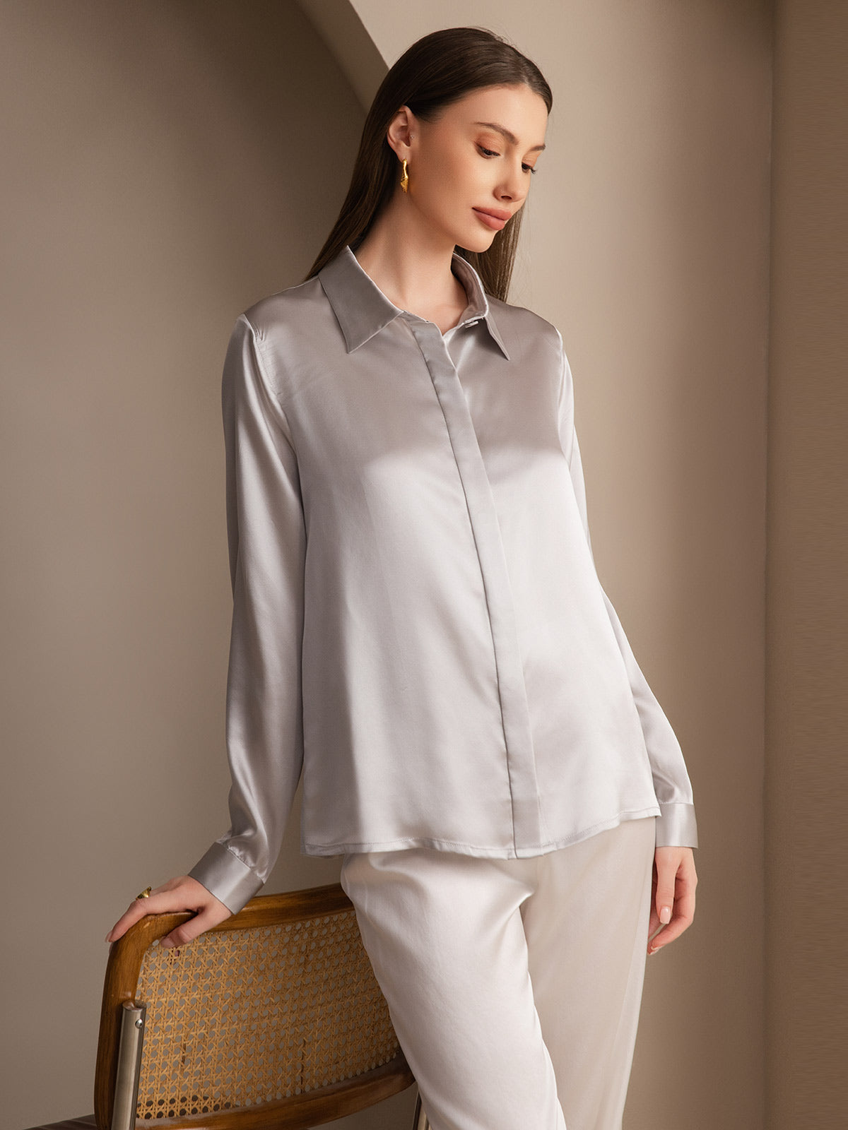 [Lichtgrijs] SilkSilky-NL 19Momme Zijde Lapel Collar Dames Blouse 007