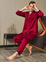 [Rode] SilkSilky-NL Lange Mouw Notchkraag Heren Pyjama Set 005