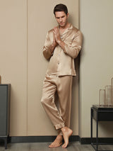 [Champagne] SilkSilky-NL Pure Silk Lange Mouw Revers Heren Pyjama Set 003