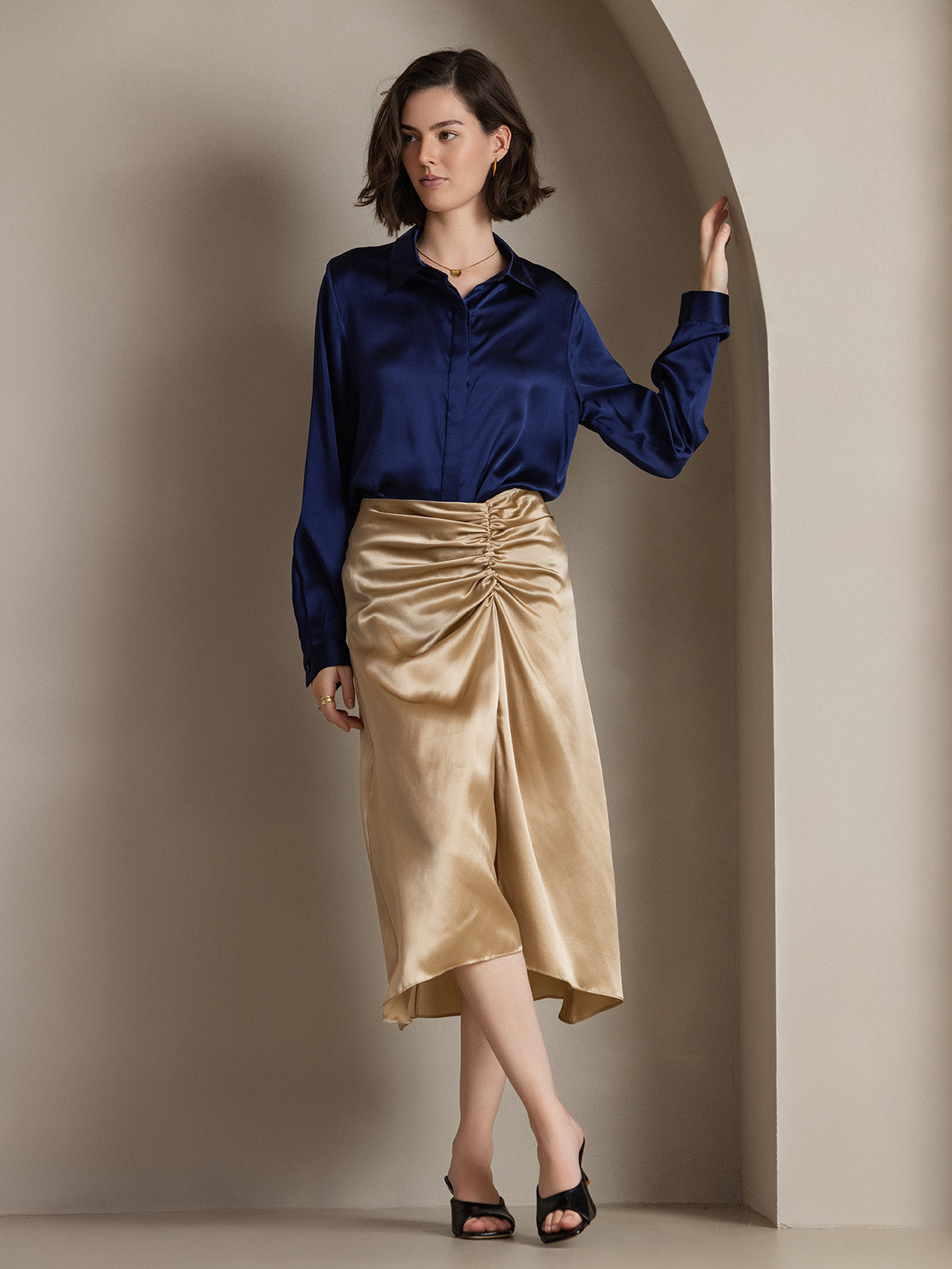[Donkerblauw] SilkSilky-NL 19Momme Zijde Lapel Collar Dames Blouse 001