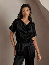 [Zwart] SilkSilky-NL 19Momme Korte Mouw Waterval Hals Blouse 001