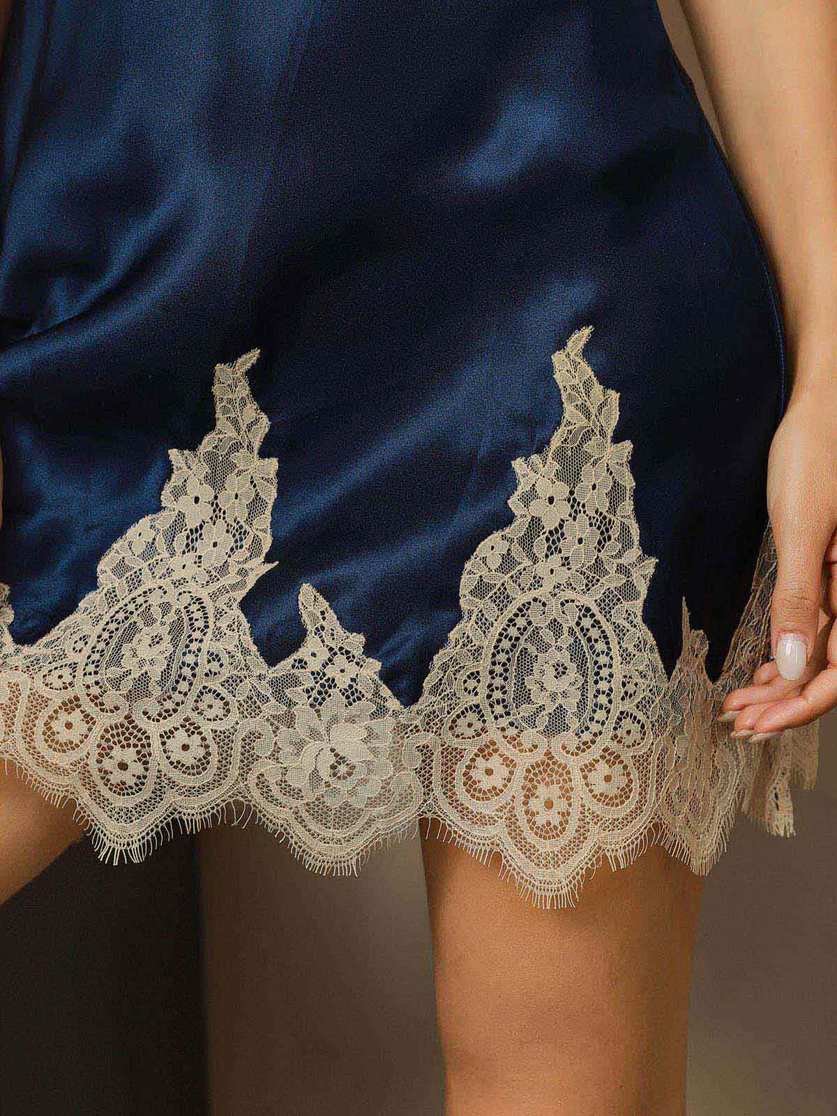 [Donkerblauw] SilkSilky-NL Spaghetti Bandjes V Hals Nachthemd 005