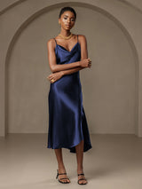 [Donkerblauw] SilkSilky-NL Spaghetti Bandjes Waterval Hals Jurk 005