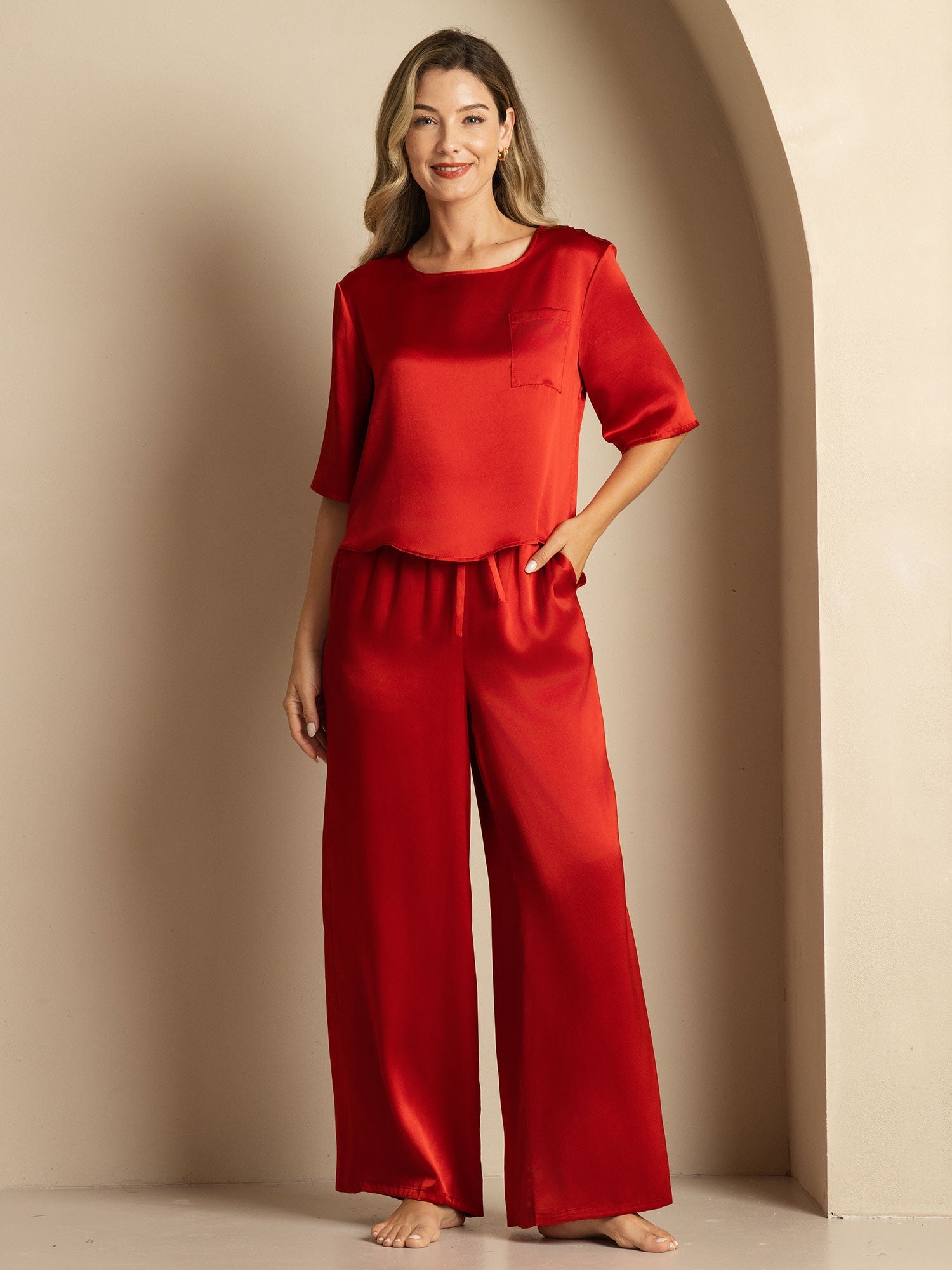[Wijn] SilkSilky-NL Ronde Hals Dames Pyjama Set 003