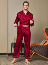 [Rode] SilkSilky-NL Lange Mouw Notchkraag Heren Pyjama Set 007