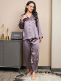 SilkSilky NL Pure Silk Lange Mouw Revers Dames Pyjama Set PaarsGrijs 003