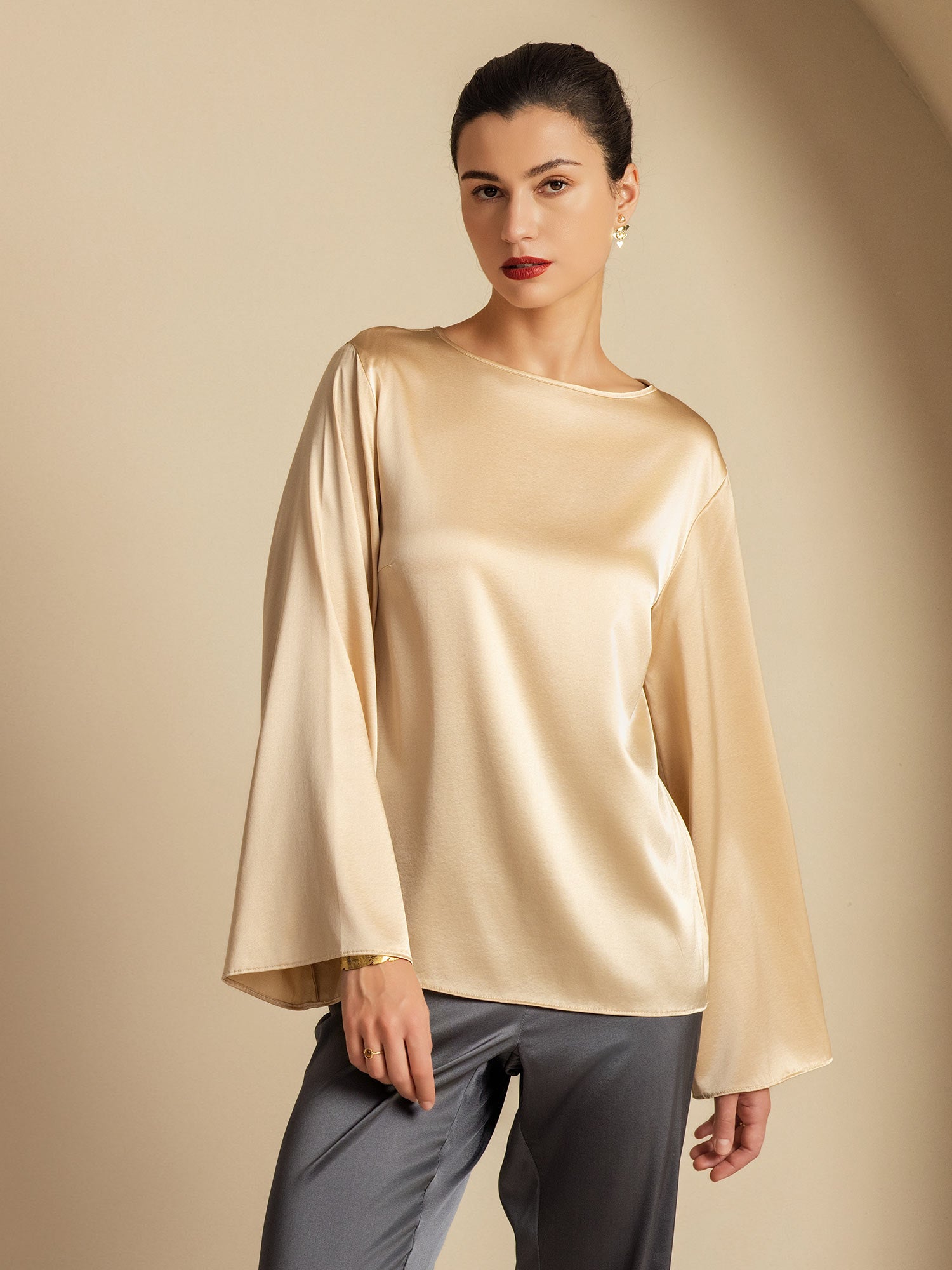 [Champagne] SilkSilky-NL 19Momme Zijde Ronde Hals Dames T-Shirt 006