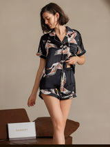 [Zwart] SilkSilky-NL 19Momme Korte Mouw Notchkraag Dames Pyjama Set 001