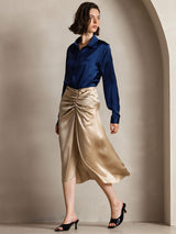 [Donkerblauw] SilkSilky-NL Long Sleeve Lapel Collar Dames Blouse 006