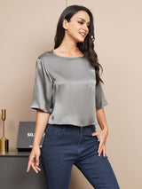 [Donkergrijs] SilkSilky-NL Halve Mouw Diepe Ronde Hals Dames T-Shirt 001