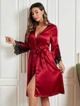 [Donkerrood] SilkSilky-NL Pure Silk 3/4 Mouw Womens Robe 004