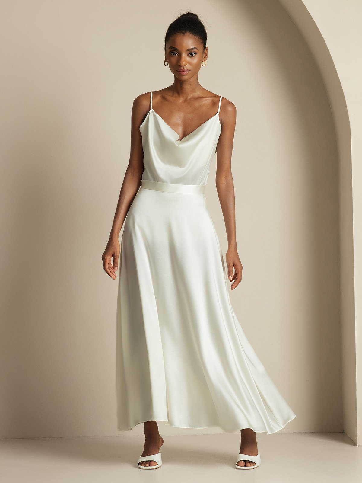 [Wit] SilkSilky-NL 19Momme Spaghetti Bandjes Waterval Hals Women''s Outfit Sets 001