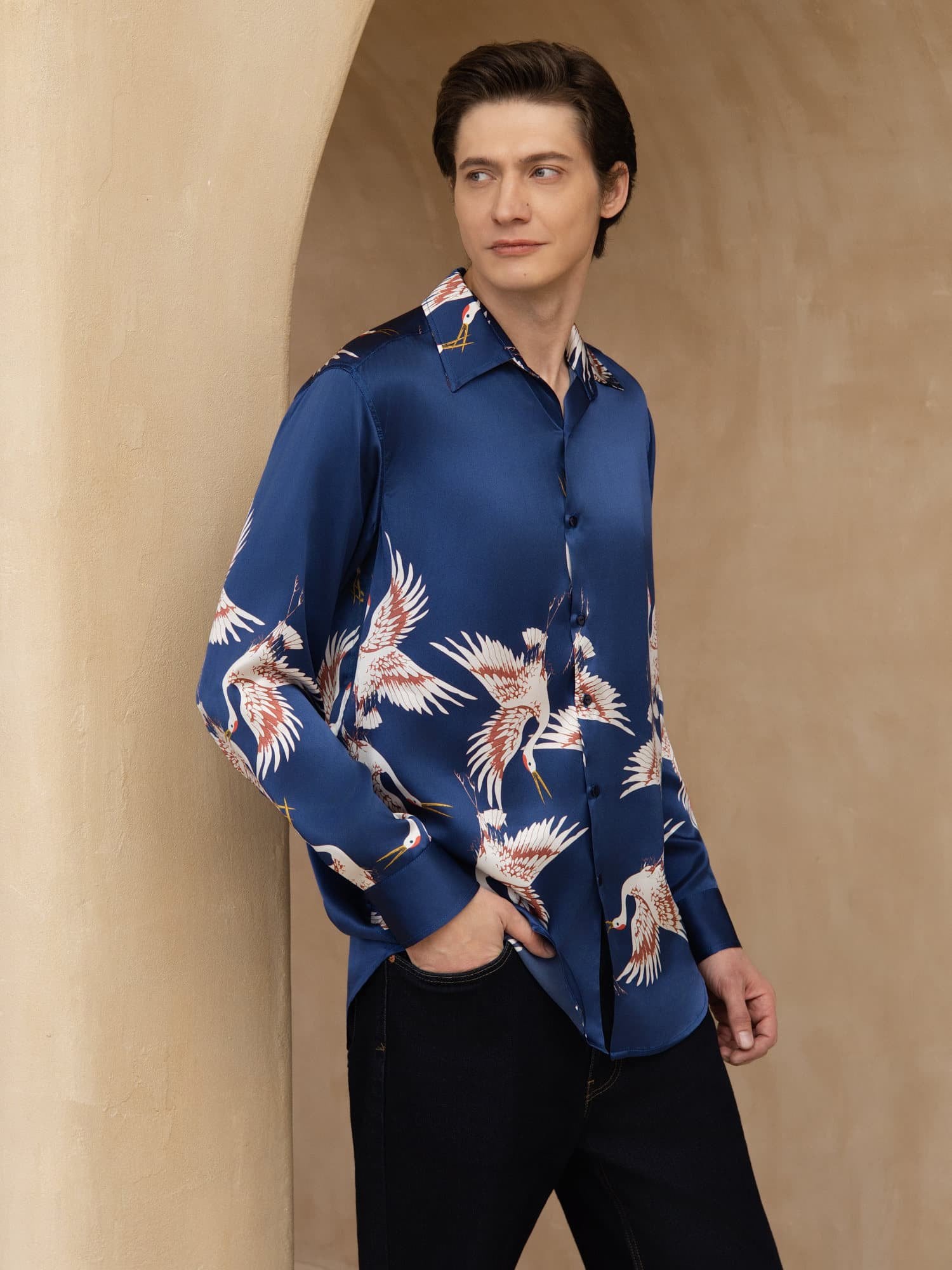 [Donkerblauw] SilkSilky-NL 19Momme Lange Mouw Reverskraag Heren Shirt 005