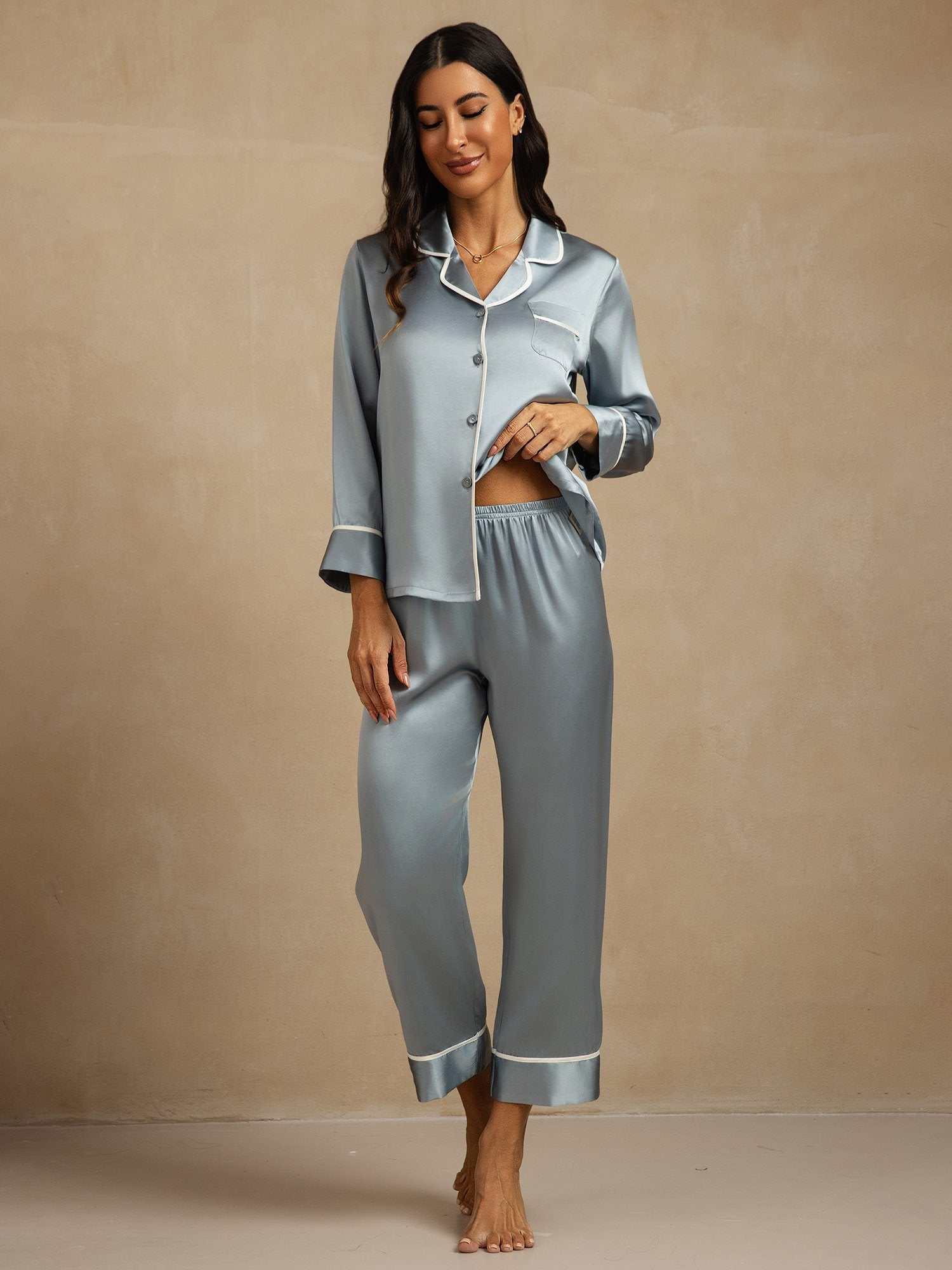 [GrijsachtigBlauw] SilkSilky-NL Zijde Kraag Dames Pyjama Set 001