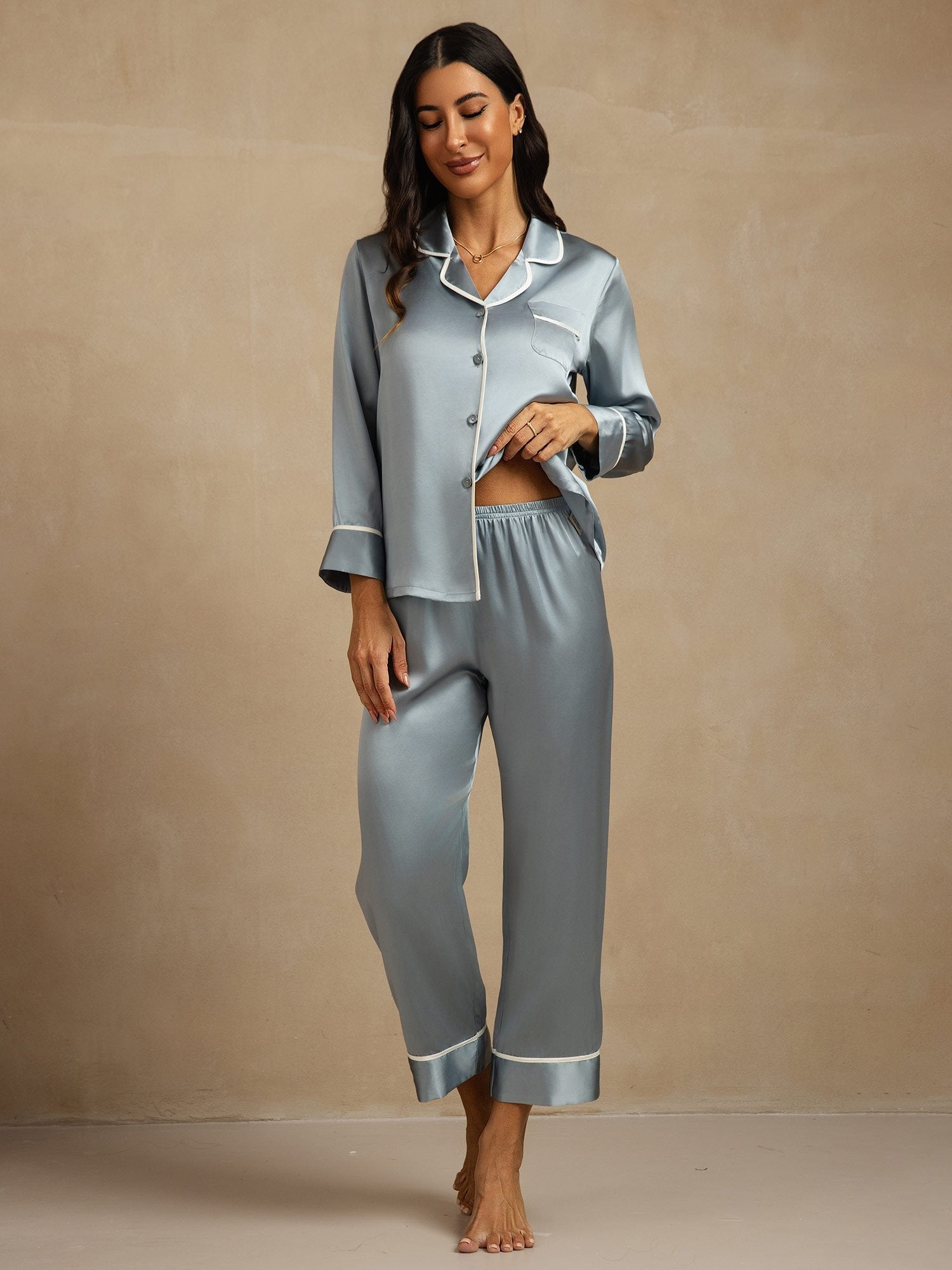 [Grijsachtig Blauw] SilkSilky-NL Lange Mouw Notchkraag Dames Pyjama Set 001