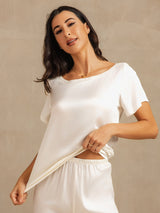 [Wit] SilkSilky-NL 19Momme Korte Mouw Dames Pyjama Set 008