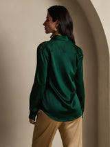[Donkergroen] SilkSilky-NL 19Momme Lange Mouw Reverskraag Dames Blouse 002