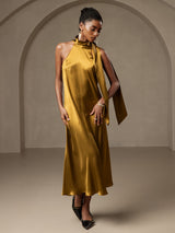 [Bruin] SilkSilky-NL 19Momme Stretch Silk Charmeuse Sleeveless Tie Neck Jurk 001