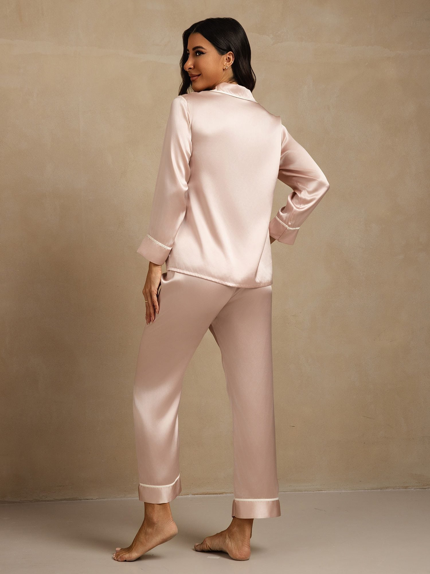 [Roze] SilkSilky-NL Lange Mouw Notchkraag Dames Pyjama Set 002