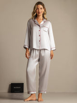 [Zilver] SilkSilky-NL Lange Mouw Notchkraag Dames Pyjama Set 001
