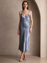 [Grijsachtig Blauw] SilkSilky-NL Spaghetti Strap V Neck Jurk 005