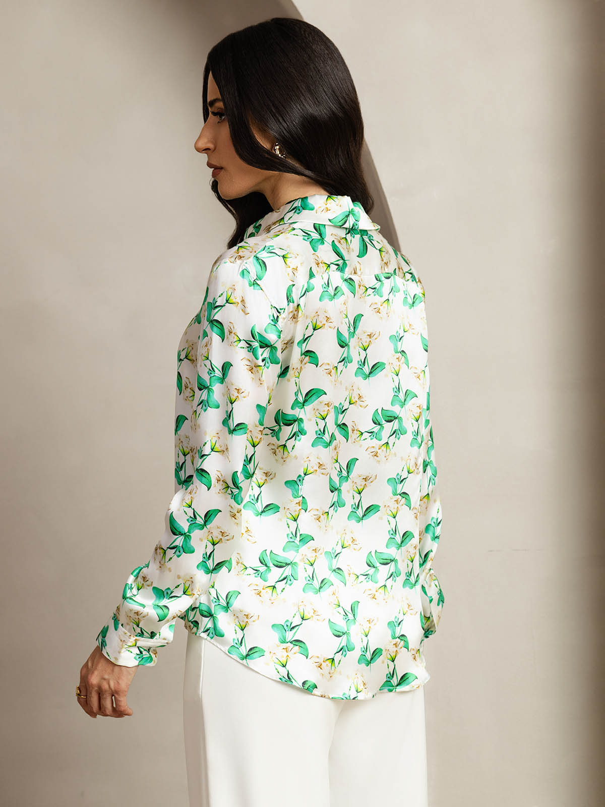 [Groene Bloemen] SilkSilky-NL Zijde Lange Mouw Kraag Dames Blouse 002