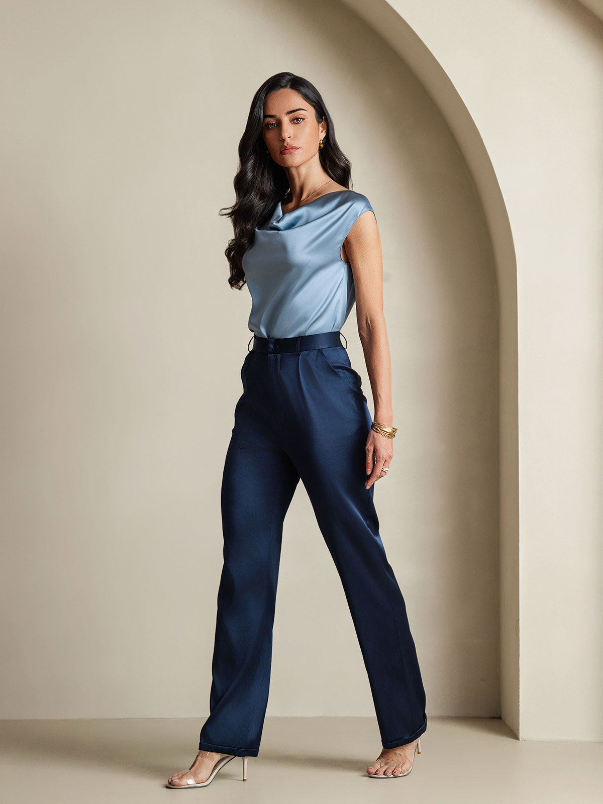 [Grijsachtig Blauw] SilkSilky-NL 19Momme Zijde Mouwloos Womens T-Shirt 008